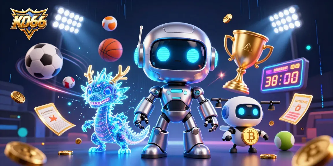 Engage with KO66 in a dynamic digital casino scene featuring vibrant 3D characters and lively gambling elements.