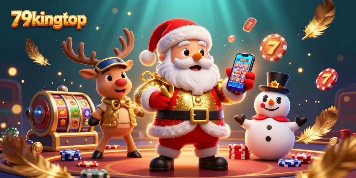 Engage with 79kingtop's vibrant casino scene featuring Santa and friends celebrating jackpot wins.